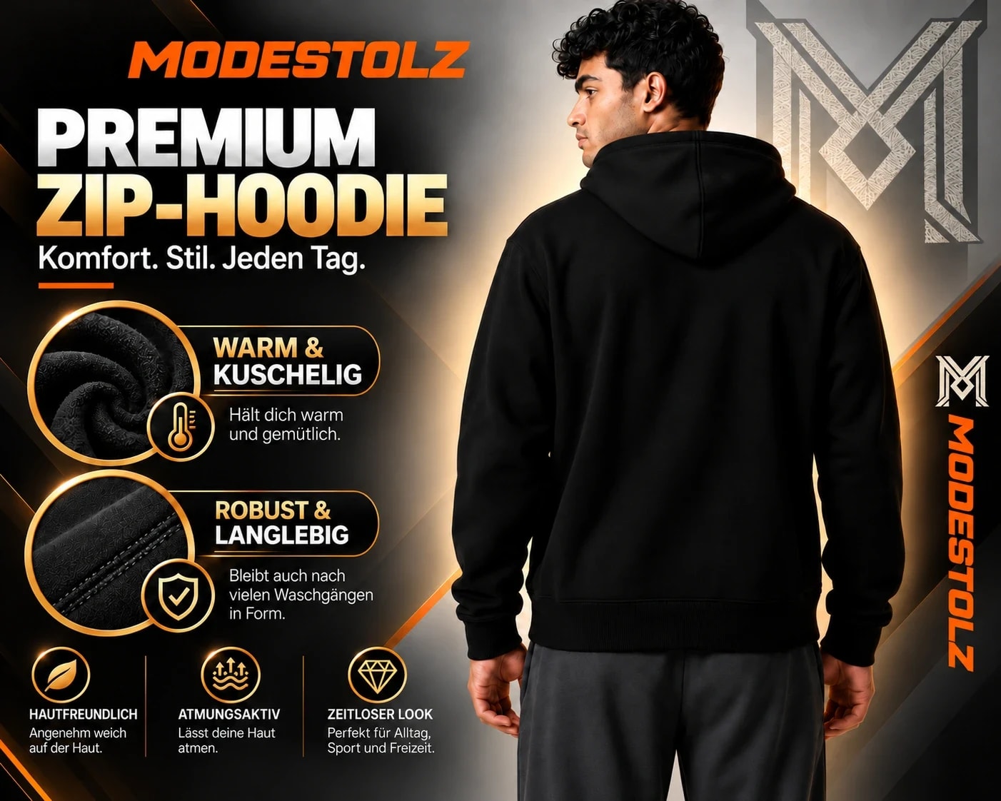 Kapuzen-Sweatjacke mit Reißverschluss – Schwarz